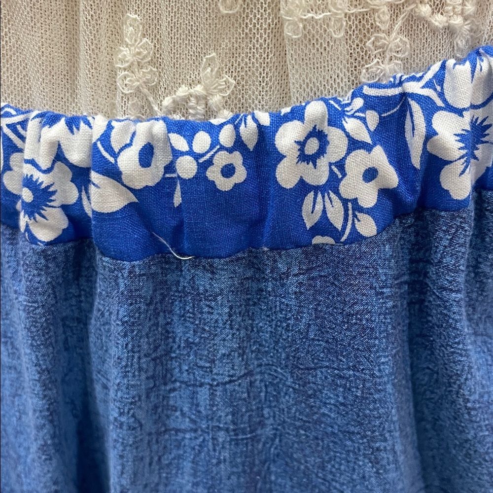 Handmade upcycled blue and white full circle skirt with flounce & ruffle, Size M - Picture 6 of 7